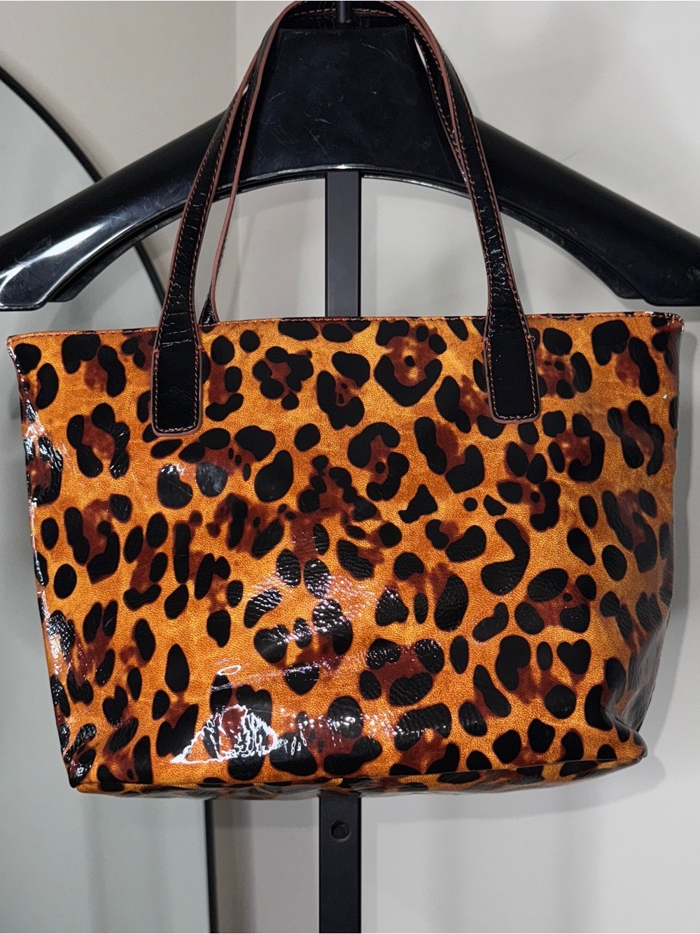 Guess Leopard Patent Leather Diamond Logo Shoulder Tote Bag Black Brown - Picture 3 of 8